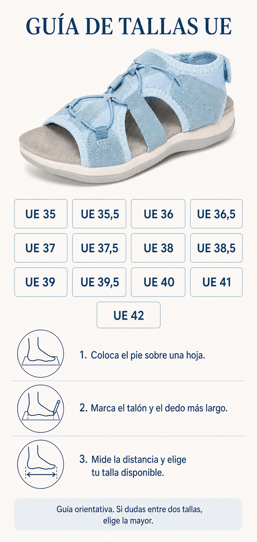 Guía de tallas UE 35 a 42 con sandalia azul