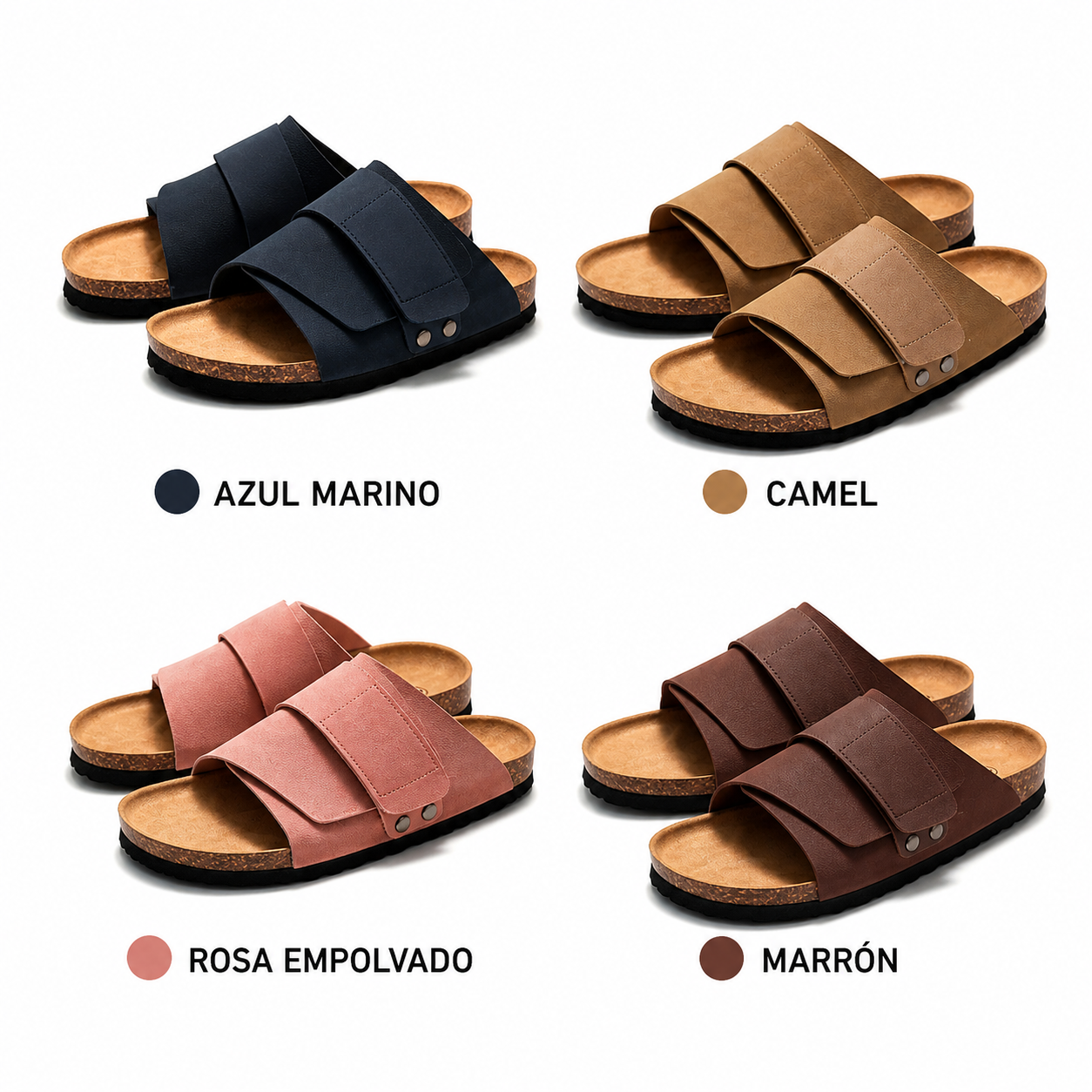 Cuatro colores de las sandalias Confort+