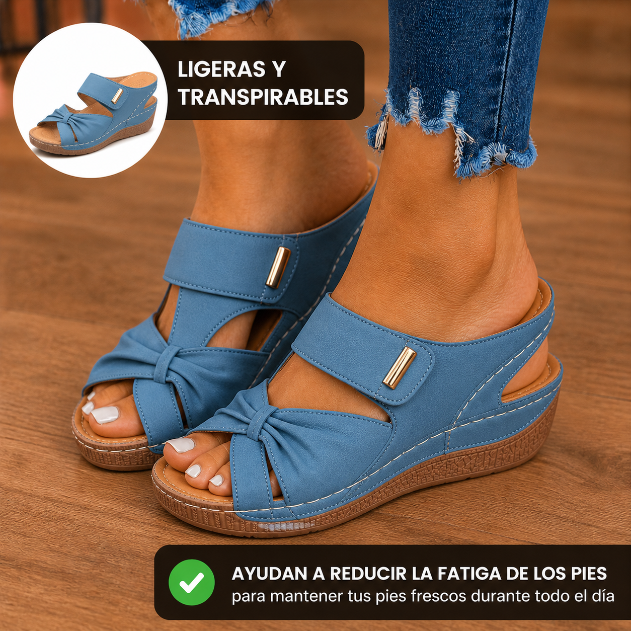 Sandalias azules ligeras y transpirables en uso