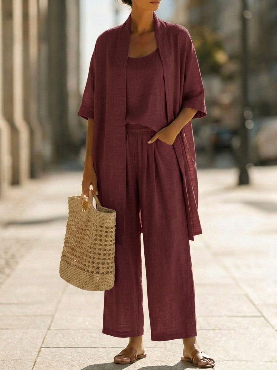 Ensemble trois pièces minimaliste en coton et lin – Confortable pour un usage quotidien