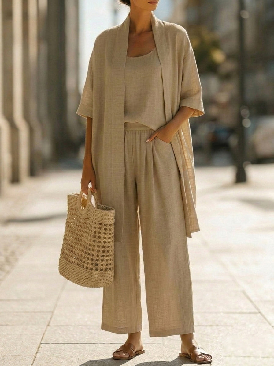 Ensemble trois pièces minimaliste en coton et lin – Confortable pour un usage quotidien