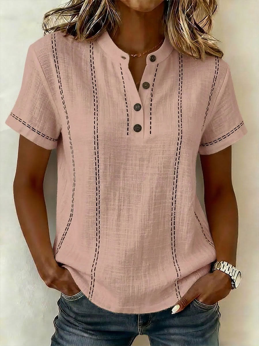 Damen-Top V-Ausschnitt Kurzarm Freizeit Oversized Baumwolle-Leinen