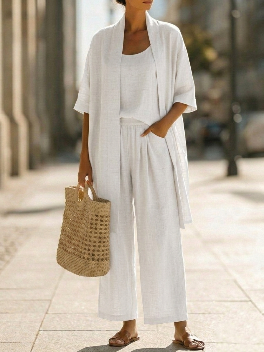 Ensemble trois pièces minimaliste en coton et lin – Confortable pour un usage quotidien