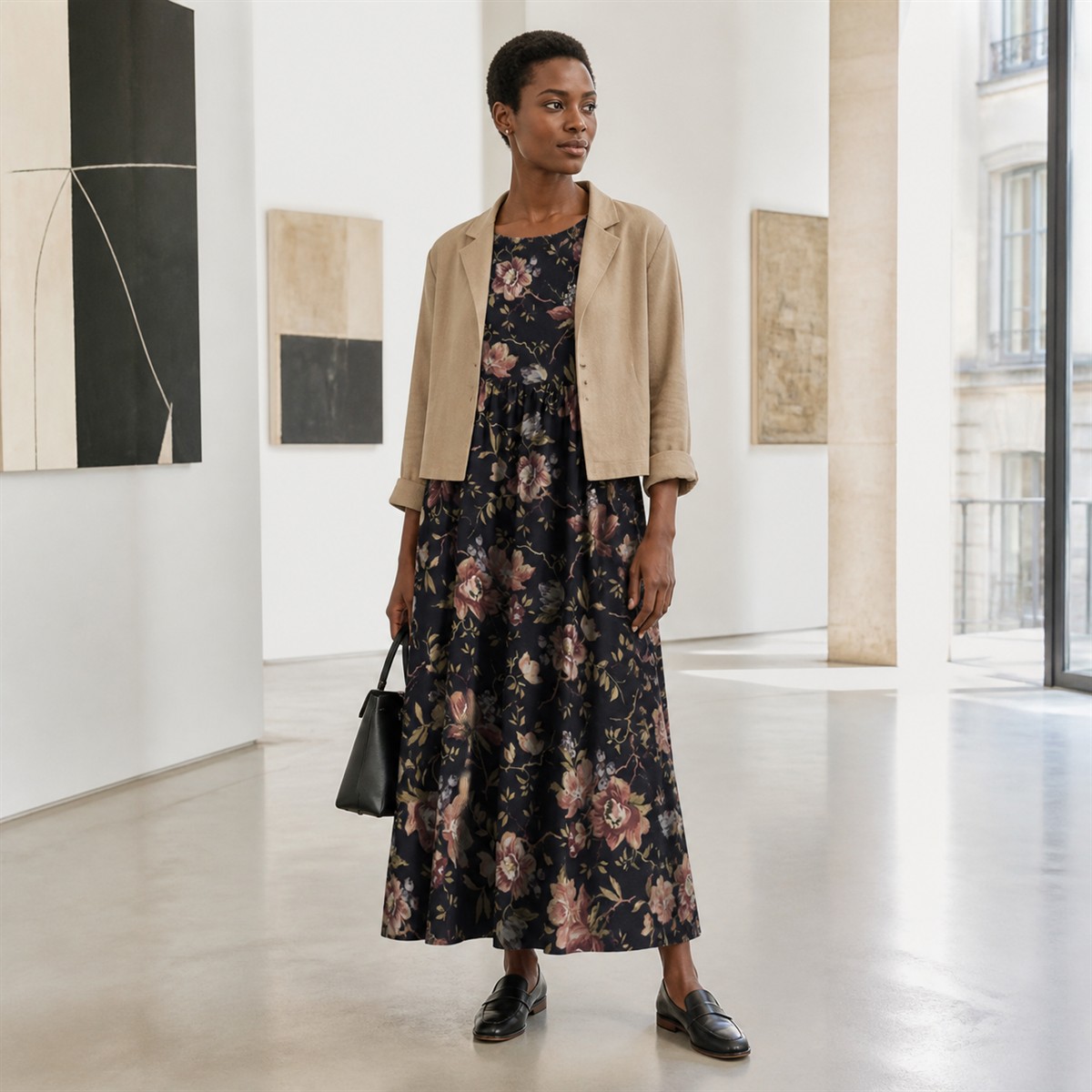Tenue avec robe longue imprim&eacute;e, chaussures plates et sac structur&eacute;