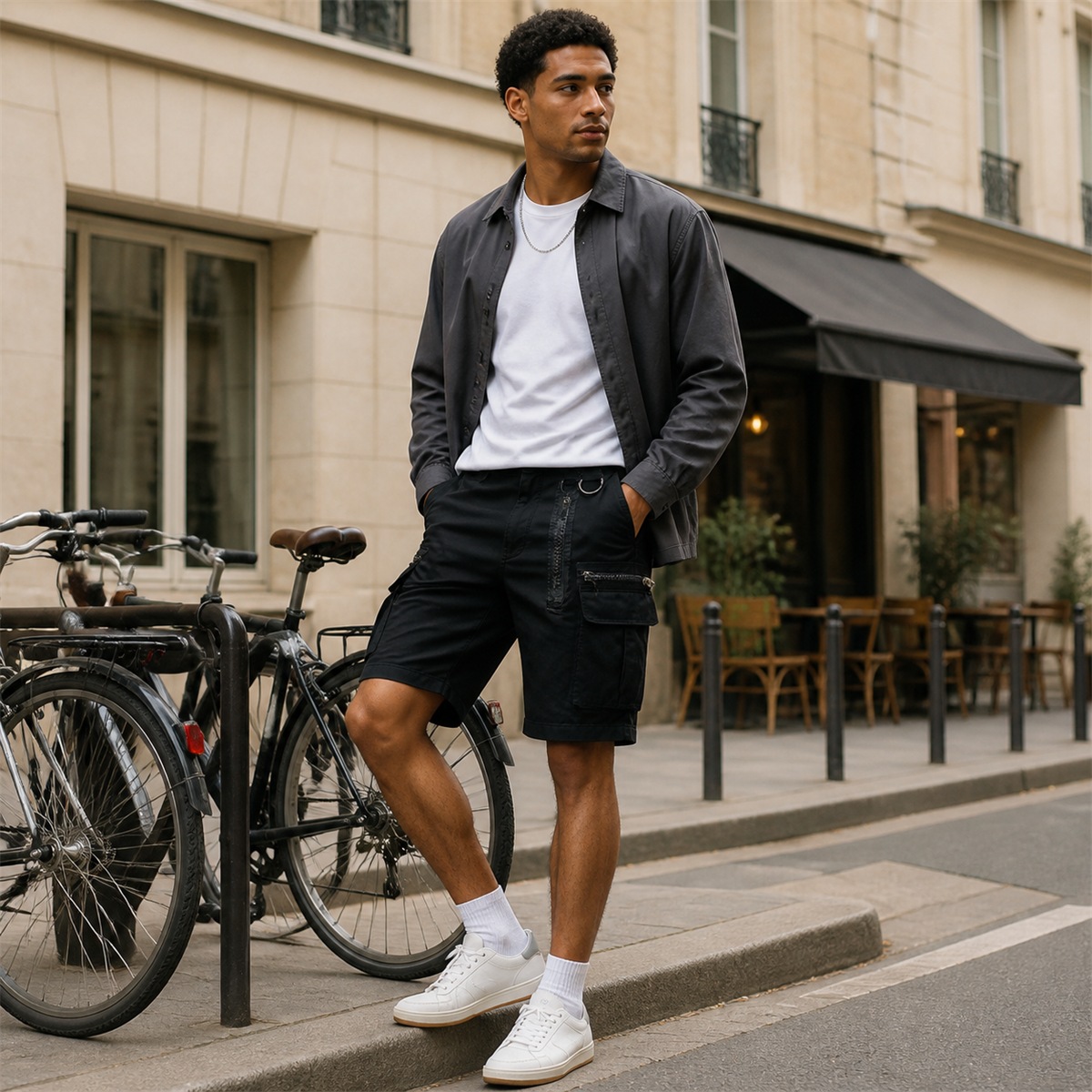 Tenue urbaine pour homme compos&eacute;e autour du short cargo noir