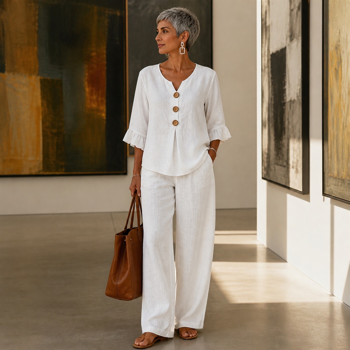 Ensemble blanc dans une galerie, assorti à un sac en cuir et des bijoux géométriques