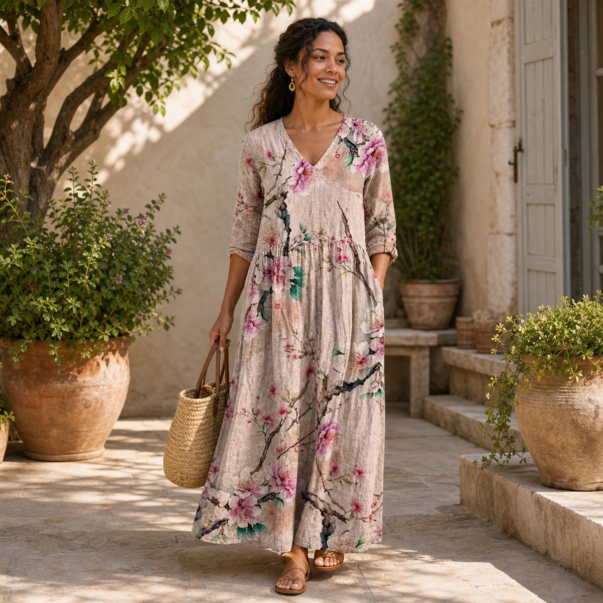 Robe longue fleurie rose associ&eacute;e &agrave; un sac en paille et des sandales