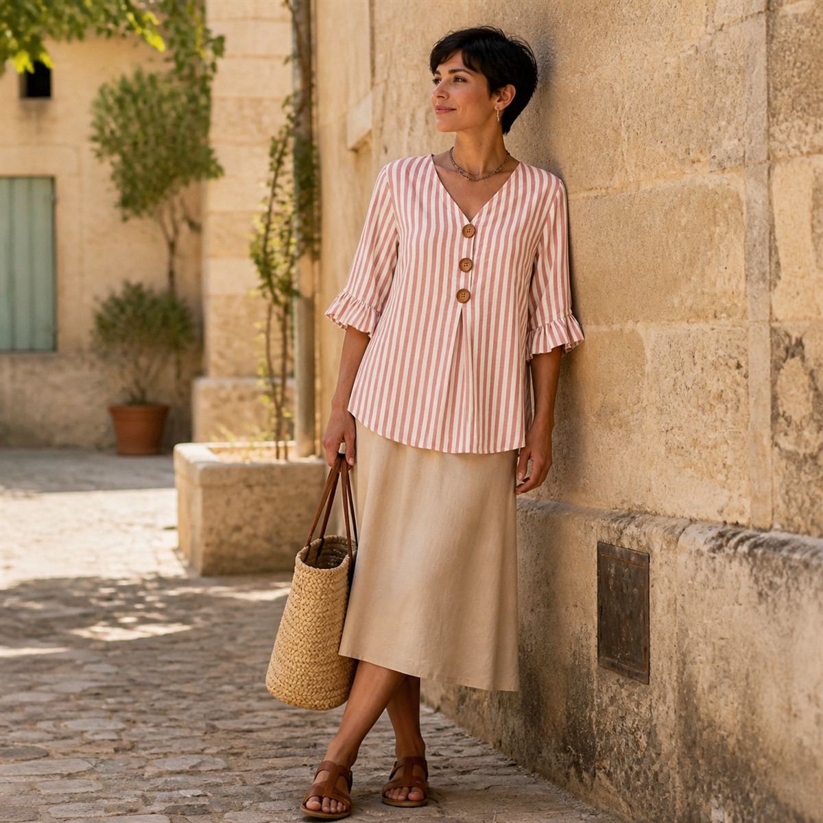 Blouse ray&eacute;e rose associ&eacute;e &agrave; une jupe midi beige, un sac tress&eacute; et des sandales