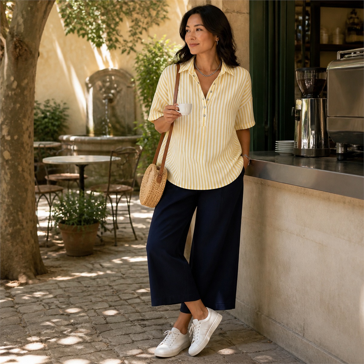 Polo ray&eacute; jaune avec pantalon-jupe bleu marine, sac en raphia et baskets blanches