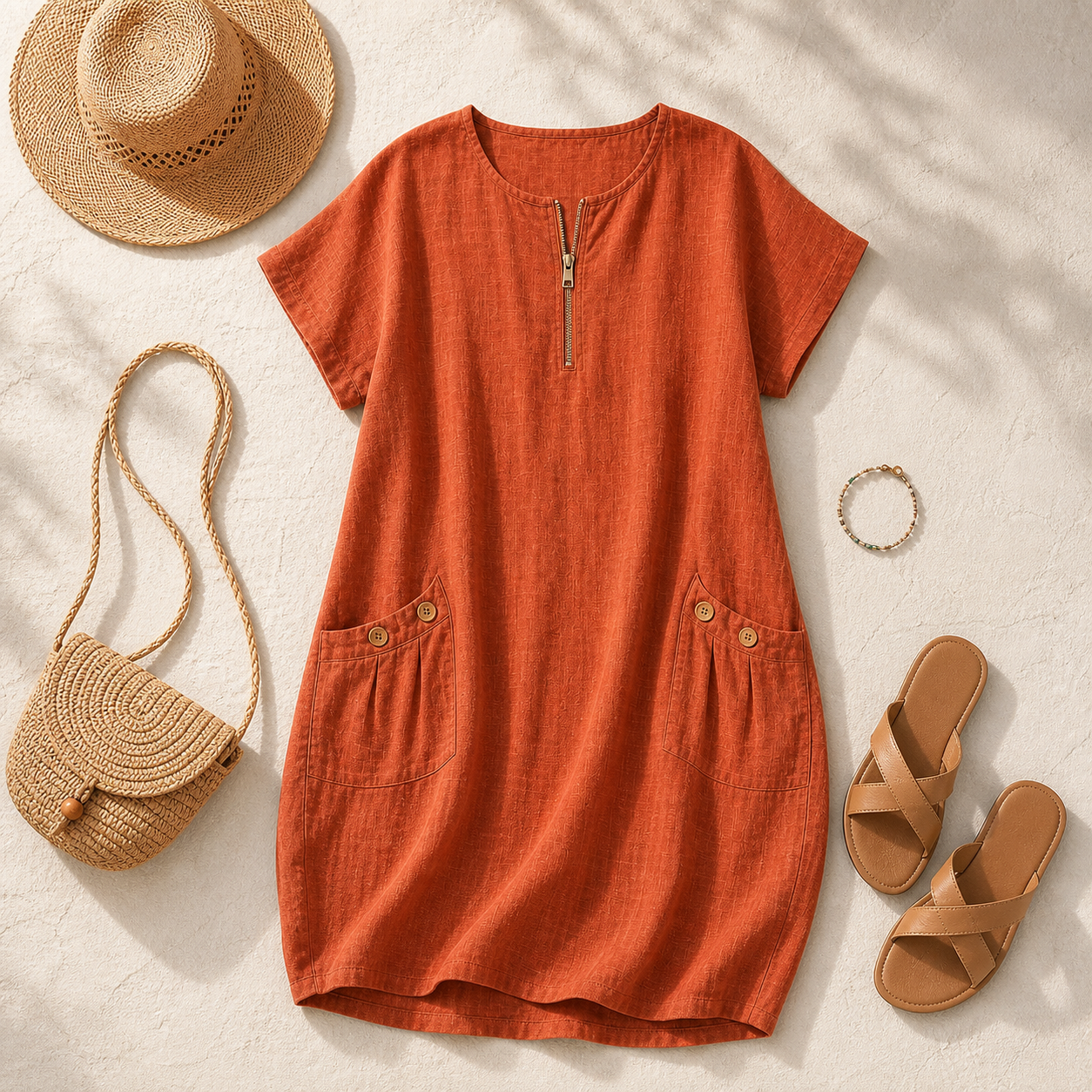 Idée de tenue vacances avec robe ample, sandales et cabas