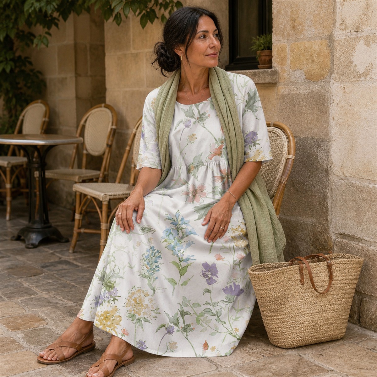 Tenue avec robe florale ample, sandales et panier tress&eacute;