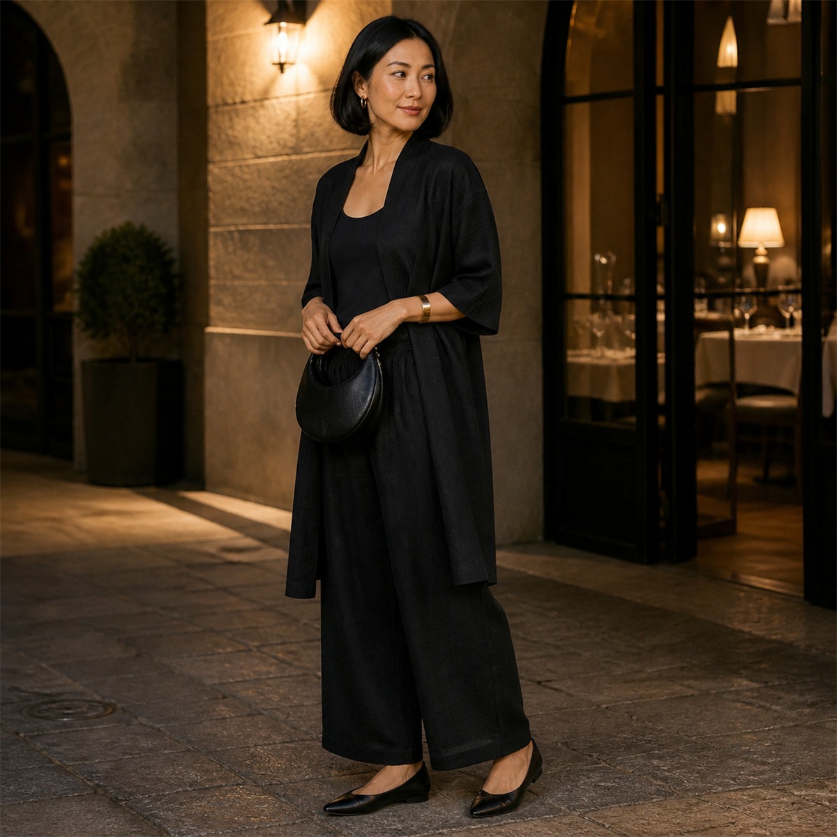 Ensemble noir associé à un petit sac structuré et des bijoux dorés