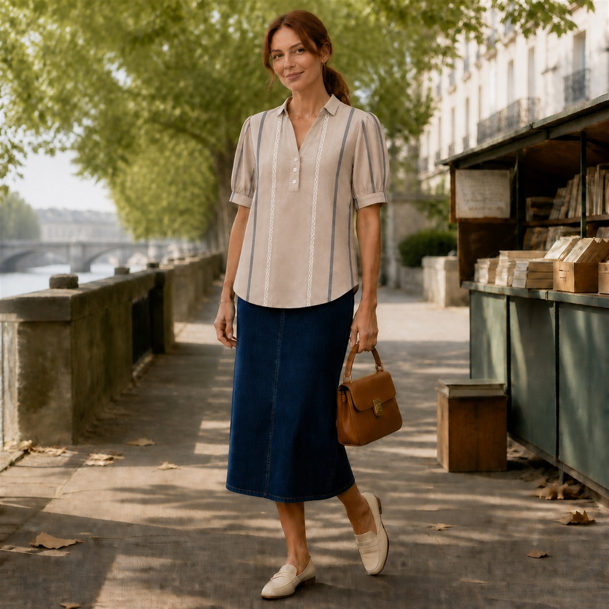 Haut beige rayé associé à une jupe midi en denim et des accessoires naturels