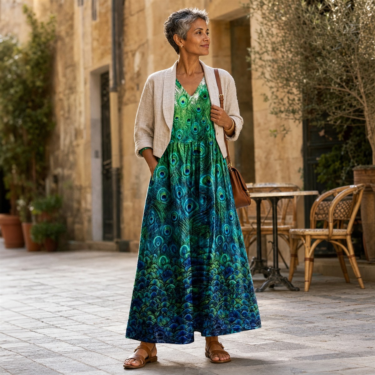 Robe longue fleurie vert paon associ&eacute;e &agrave; une veste courte claire et des sandales en cuir