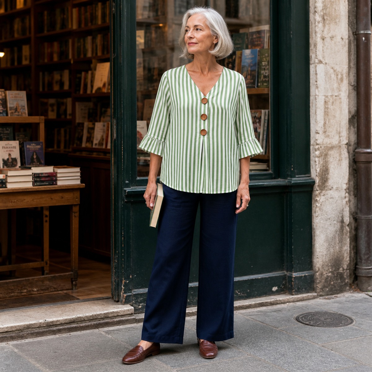 Blouse ray&eacute;e verte associ&eacute;e &agrave; un pantalon large bleu marine et des mocassins bruns