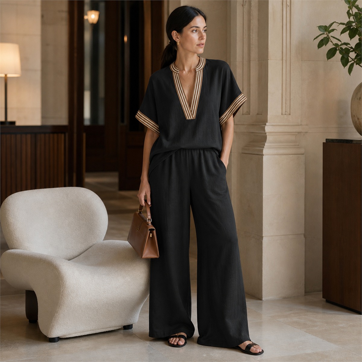 Mod&egrave;le brune portant l'ensemble noir avec un petit sac structur&eacute;