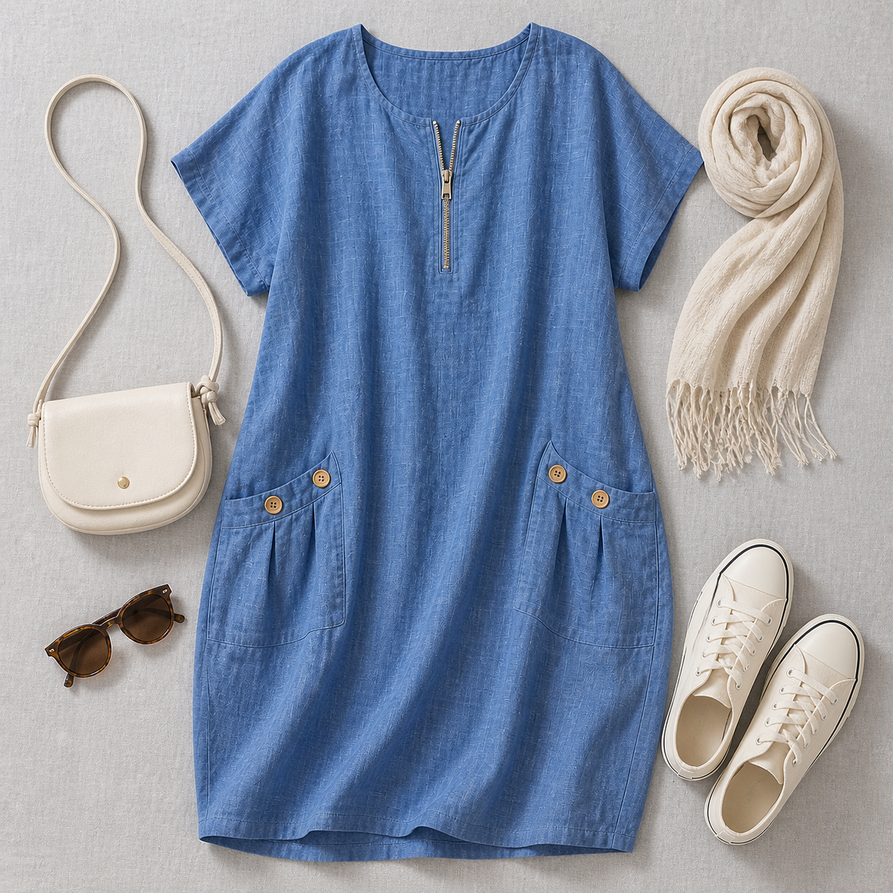 Idée de tenue urbaine avec robe ample, baskets et sac