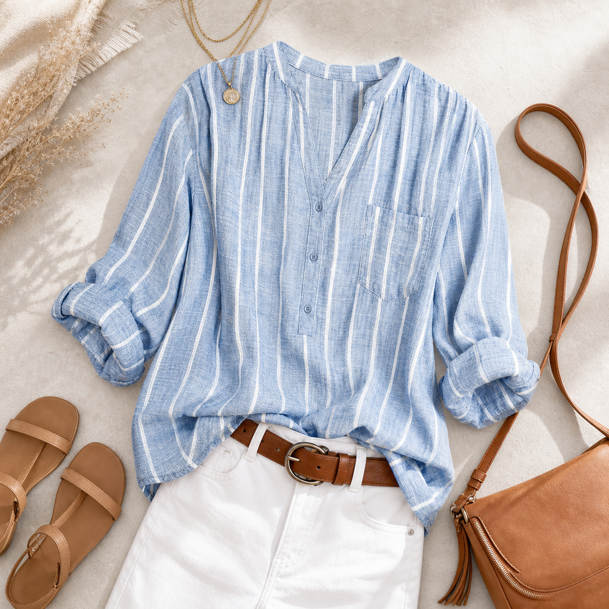 Idée de tenue avec une blouse rayée bleu ciel
