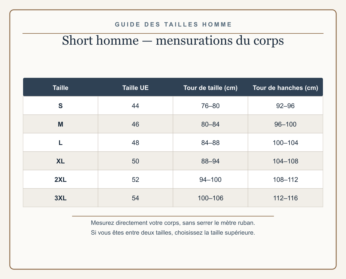 Guide européen des tailles homme avec tour de taille et tour de hanches en centimètres