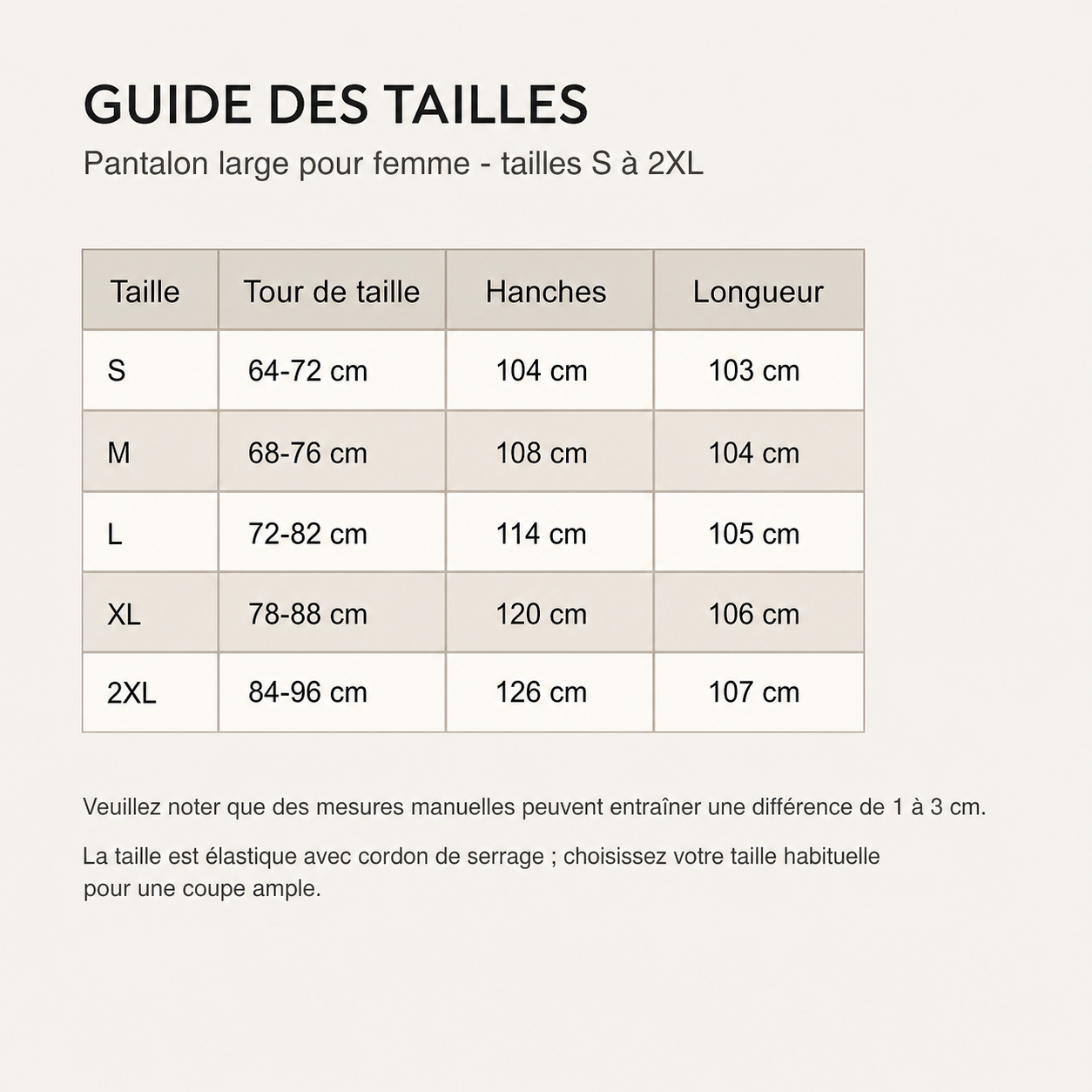 1NL0716001 Tableau des tailles pantalons femme S à 2XL