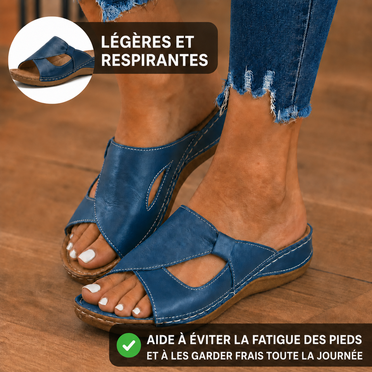 Sandales bleues à brides croisées portées au quotidien