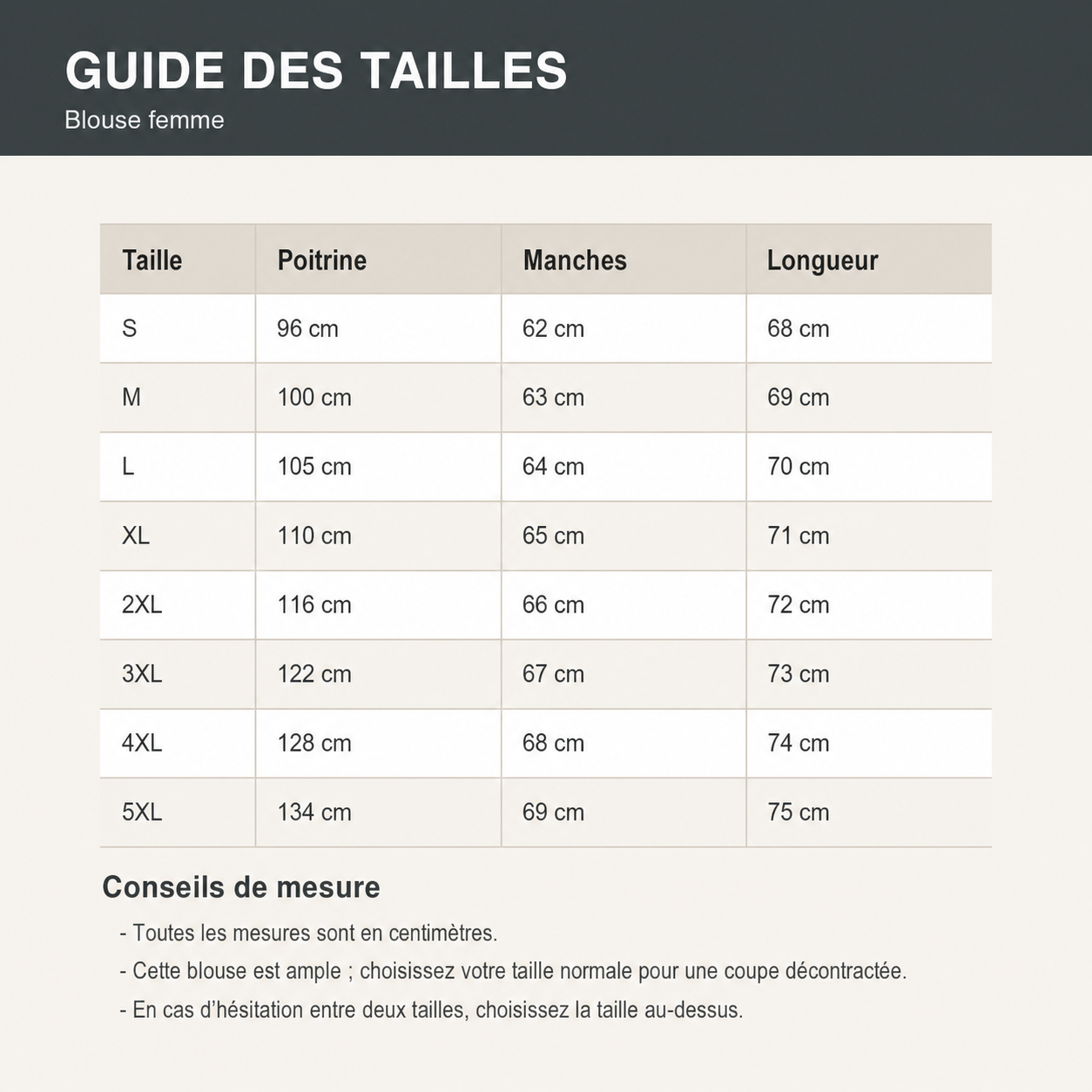 Guide des tailles français de la blouse femme