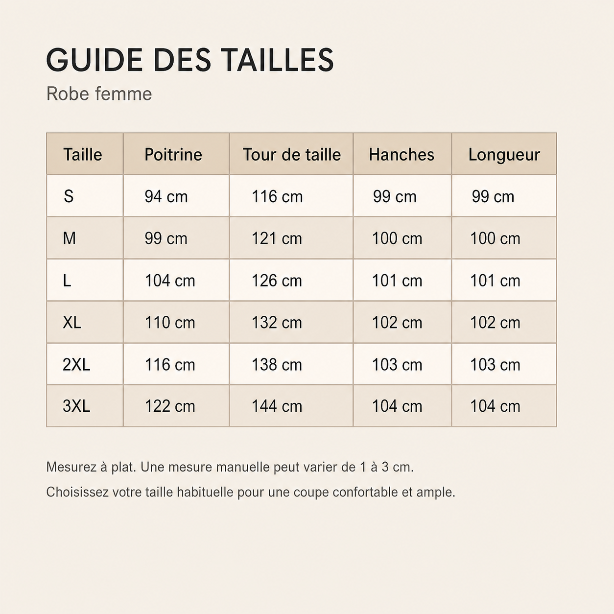 Guide des tailles français de la robe femme