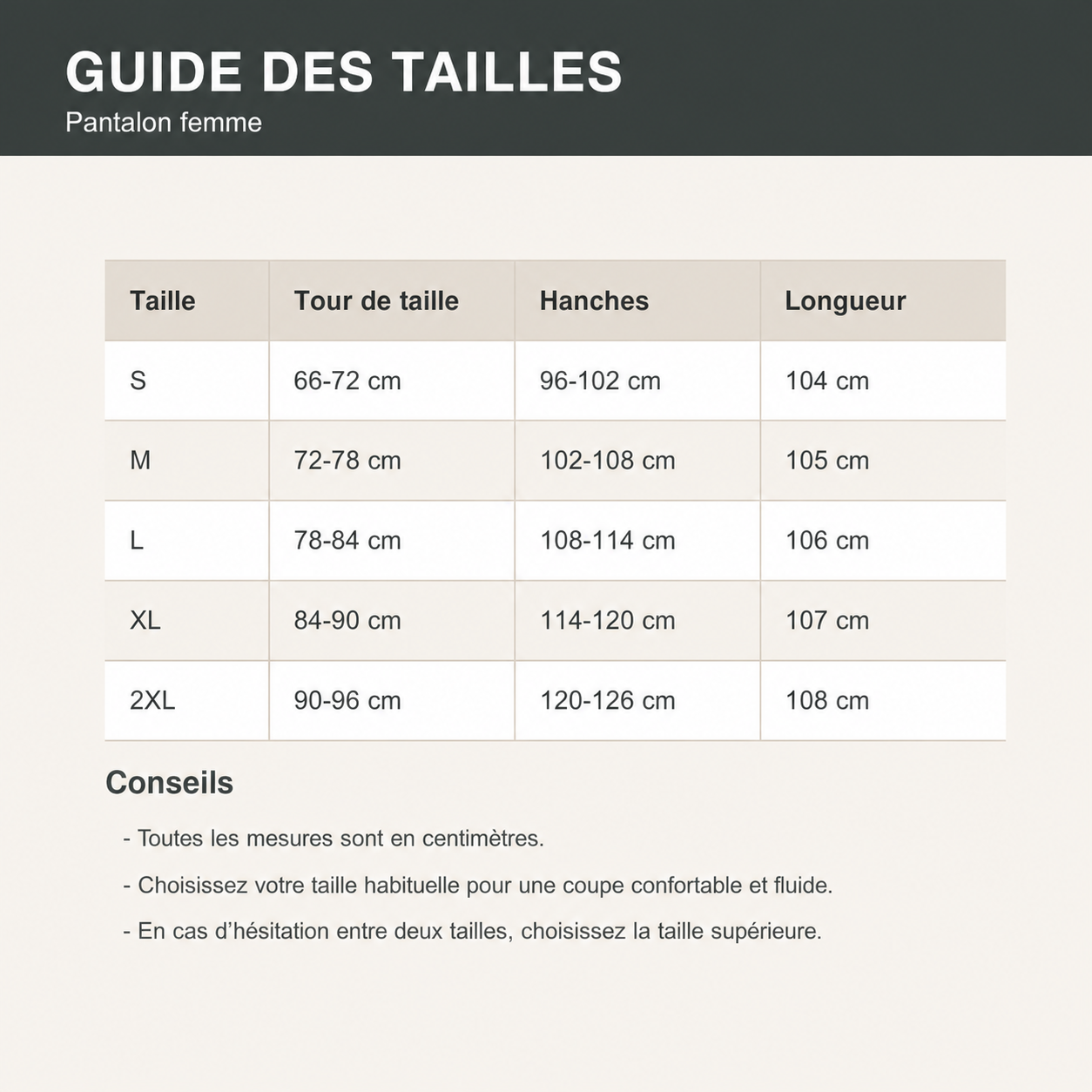 Guide des tailles français du pantalon femme