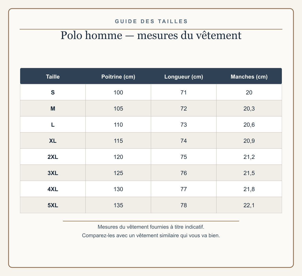 Guide européen des tailles S à 5XL du polo homme