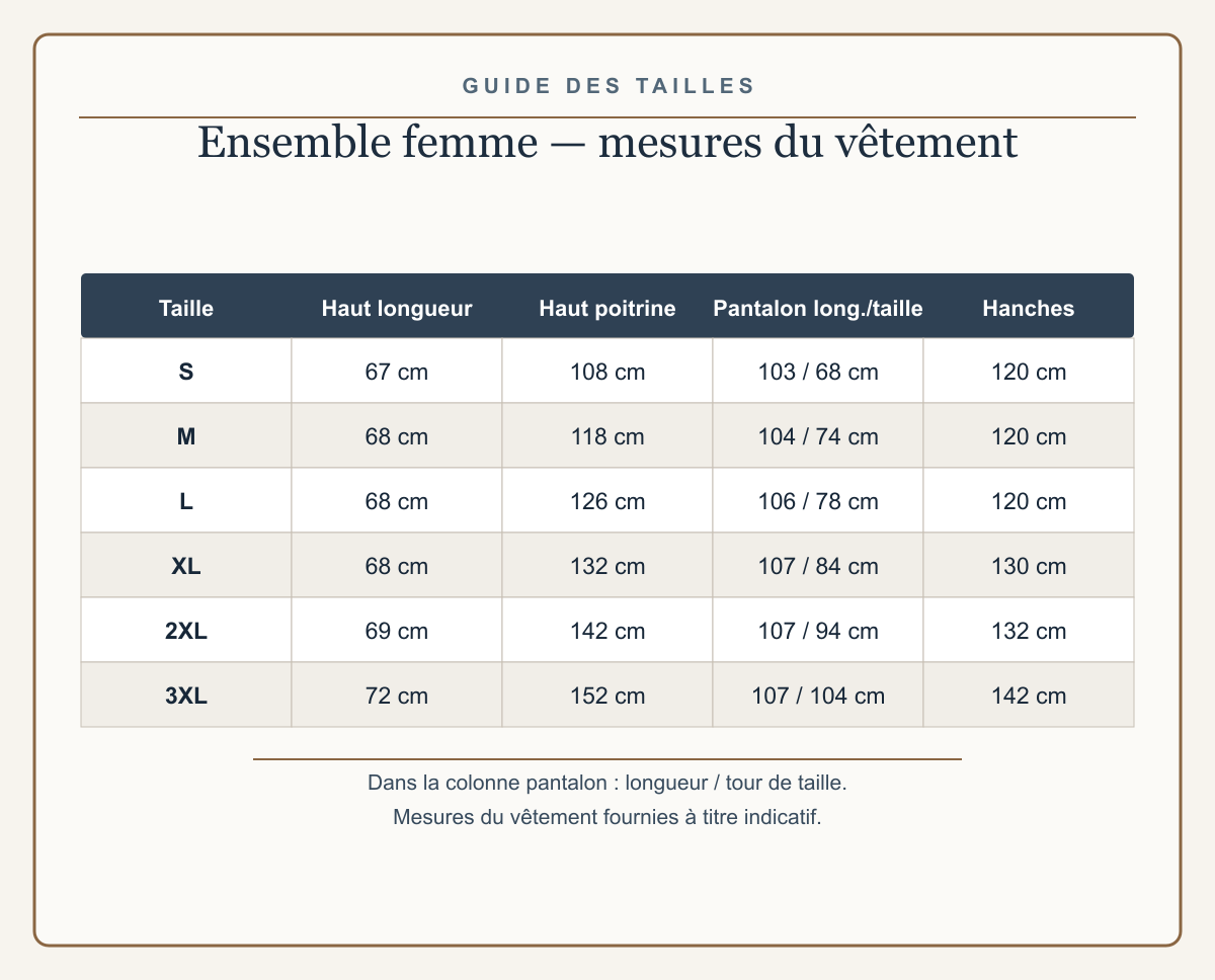 Guide européen des tailles S à 3XL de l’ensemble femme chemise et pantalon