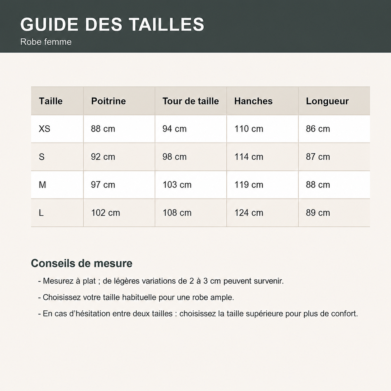 1NL0715002 Tableau des tailles robe femme XS à L