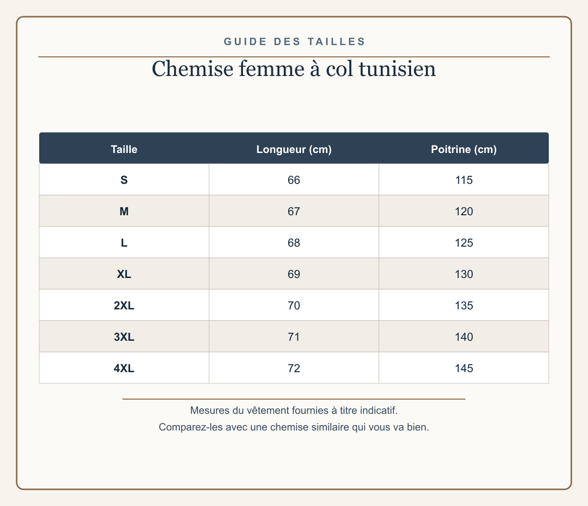 Guide européen des tailles S à 4XL de la chemise femme