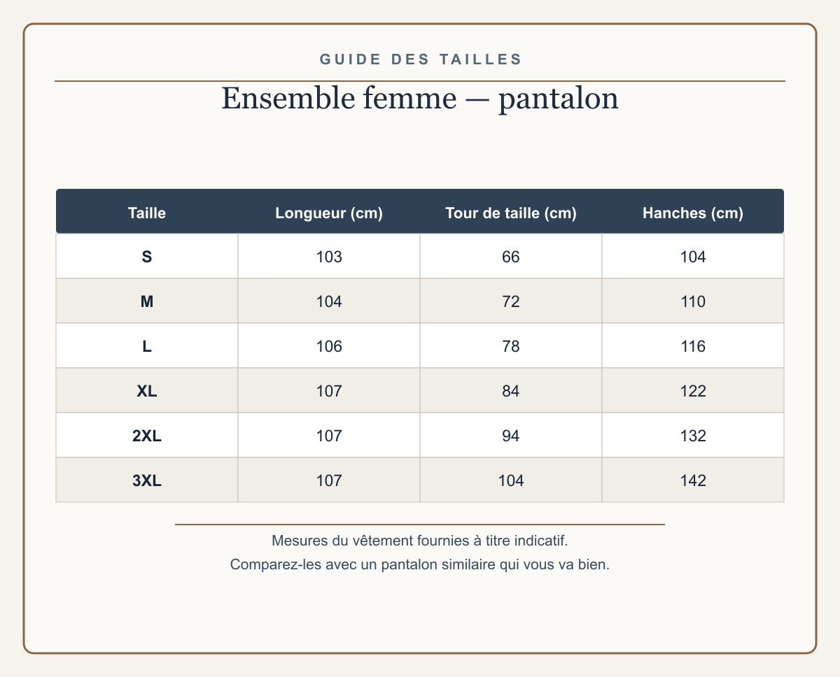 Guide européen des tailles S à 3XL du pantalon de l’ensemble femme