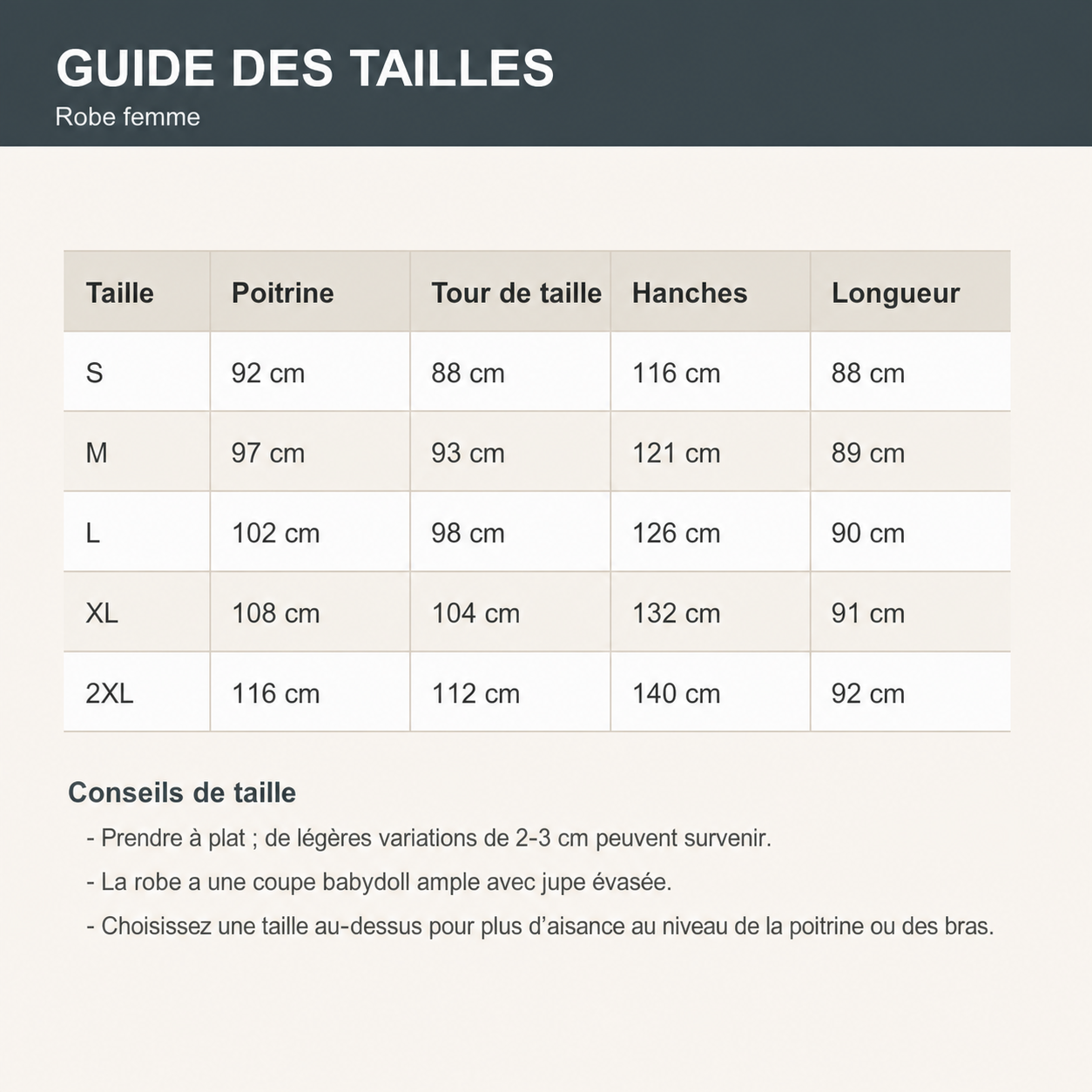 NL0715002 Tableau des tailles robe femme S à 2XL
