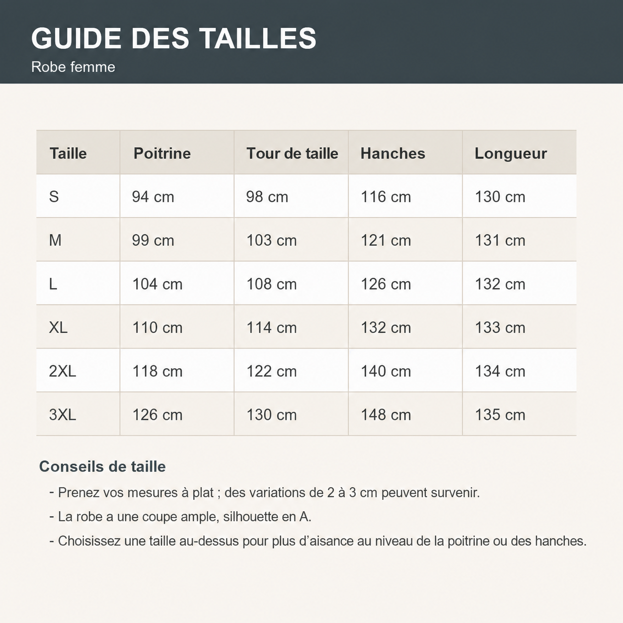 Guide des tailles français de la robe longue