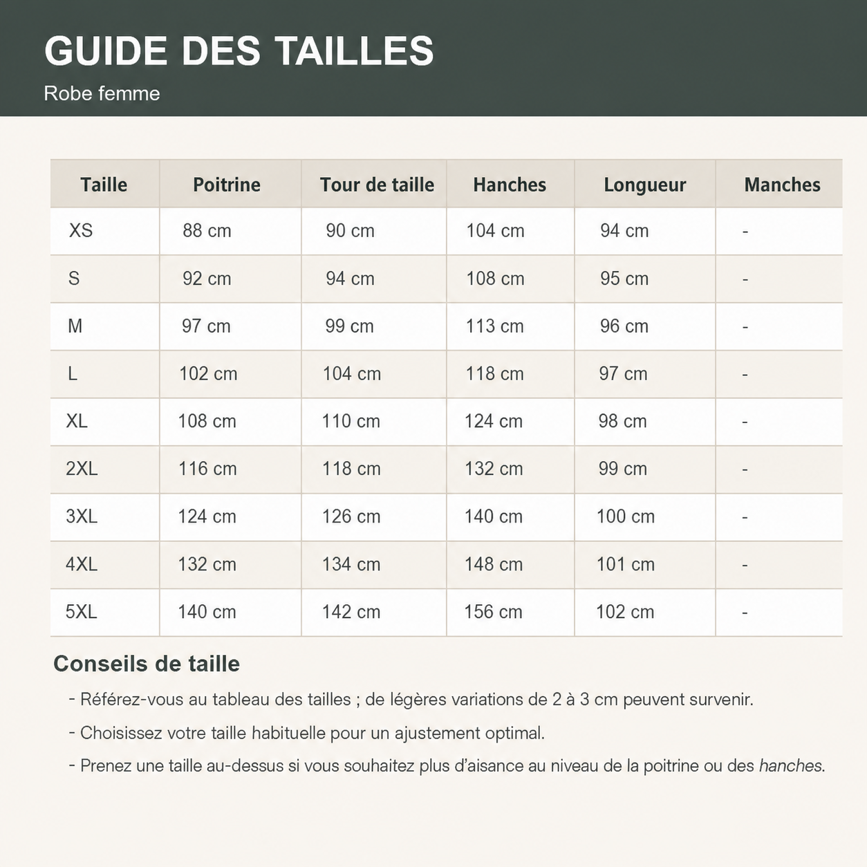 1NL0715001 Tableau des tailles robe femme XS à 5XL