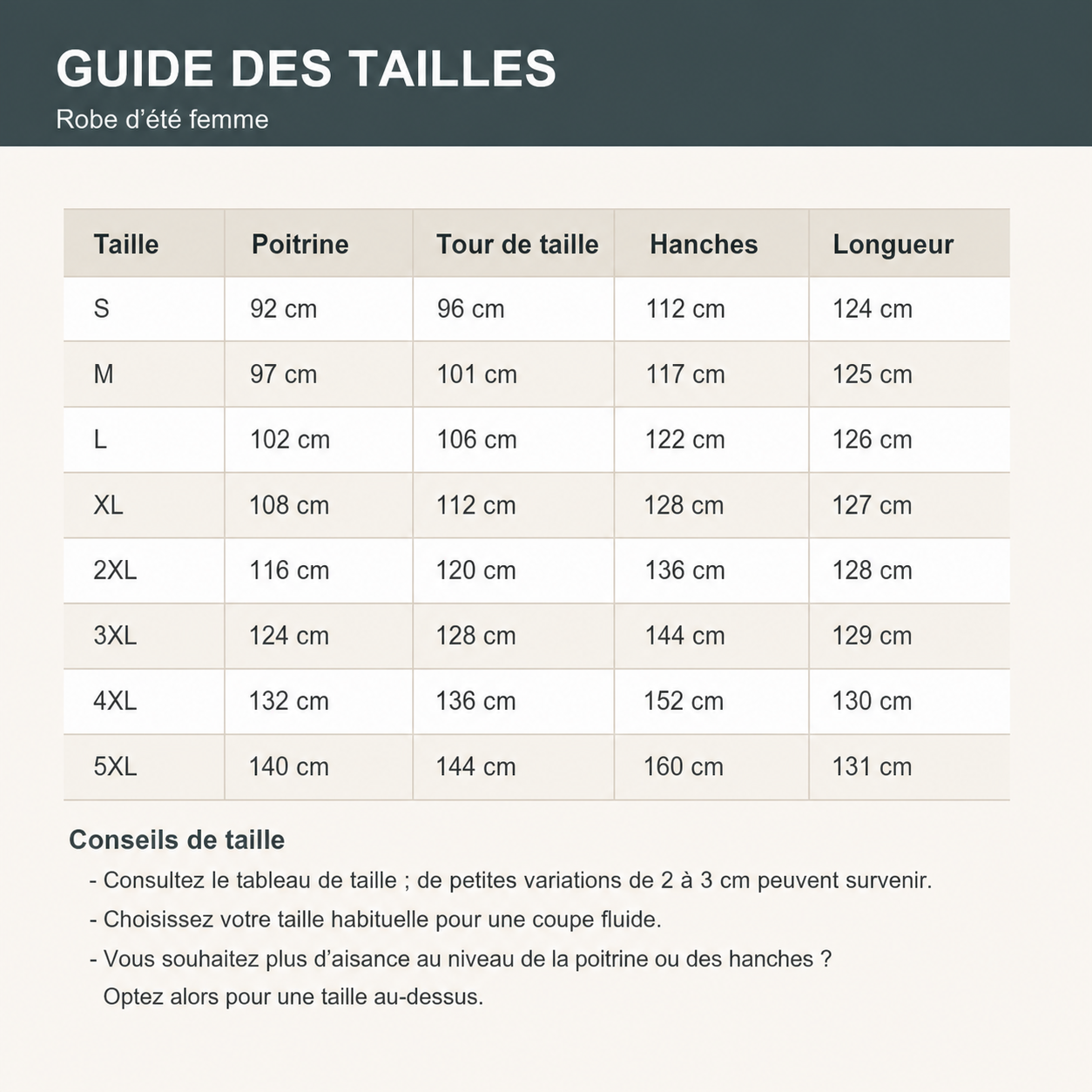 NL0714001 Tableau des tailles robe femme S à 5XL