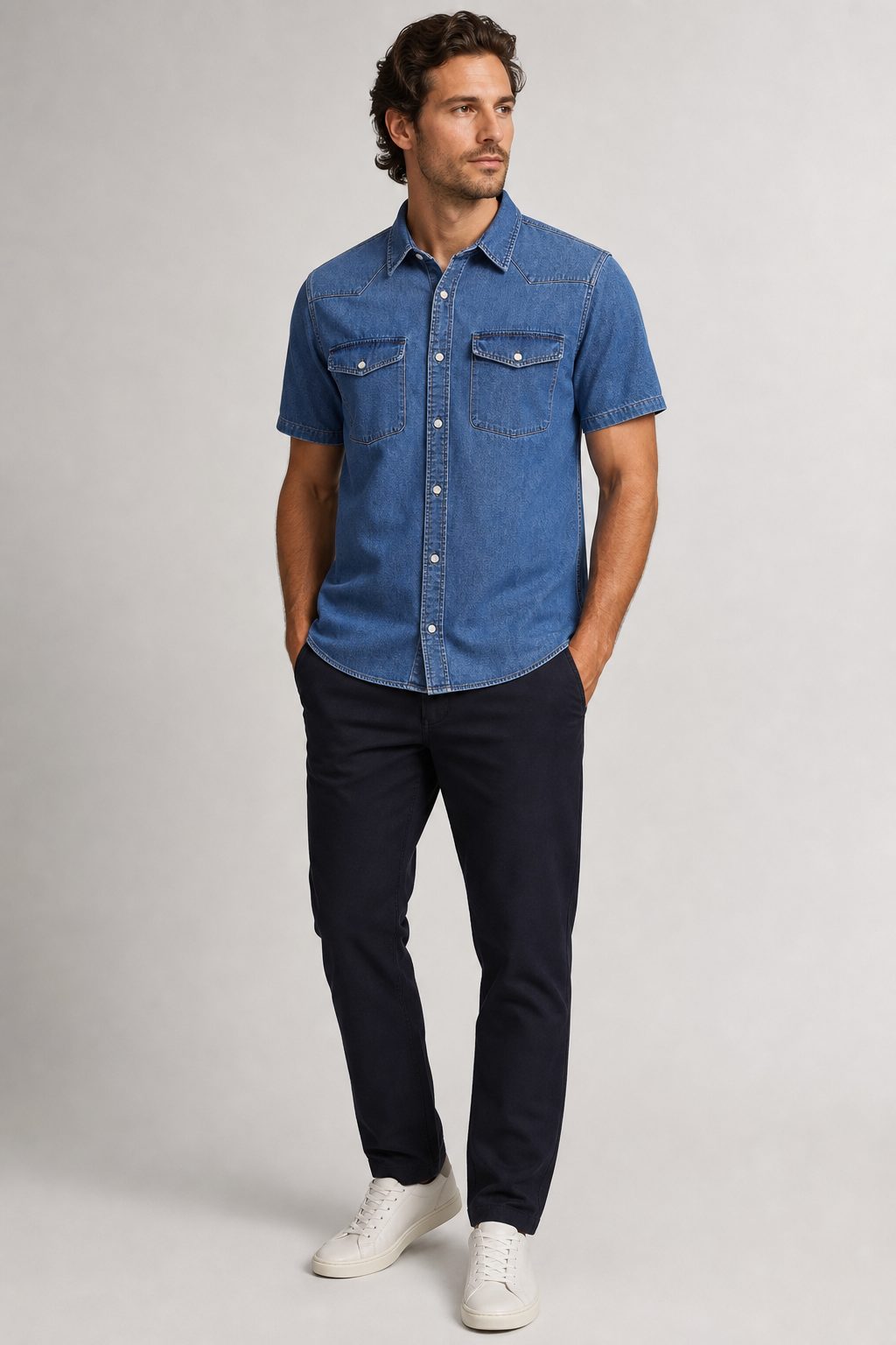Chemise homme en denim bleu moyen portée avec un pantalon foncé