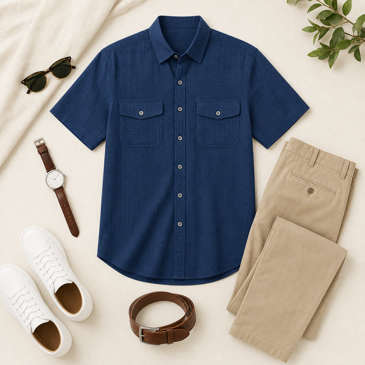 Chemise bleu marine présentée avec un pantalon beige et des accessoires