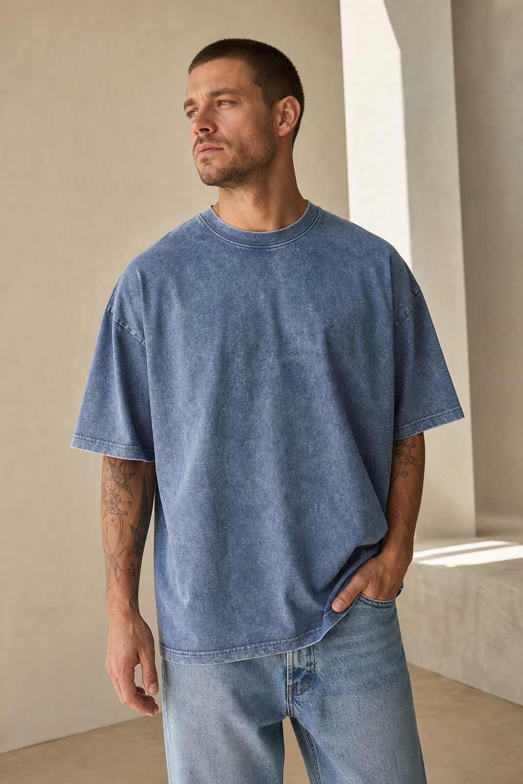 T-shirt homme oversize bleu vintage porté avec un jean