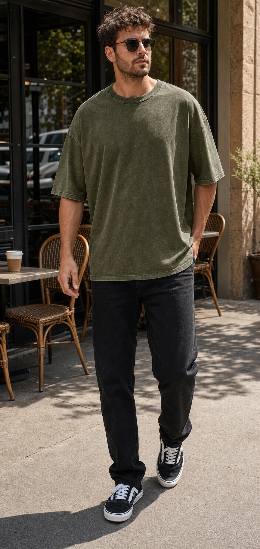 T-shirt homme oversize vert olive porté en ville