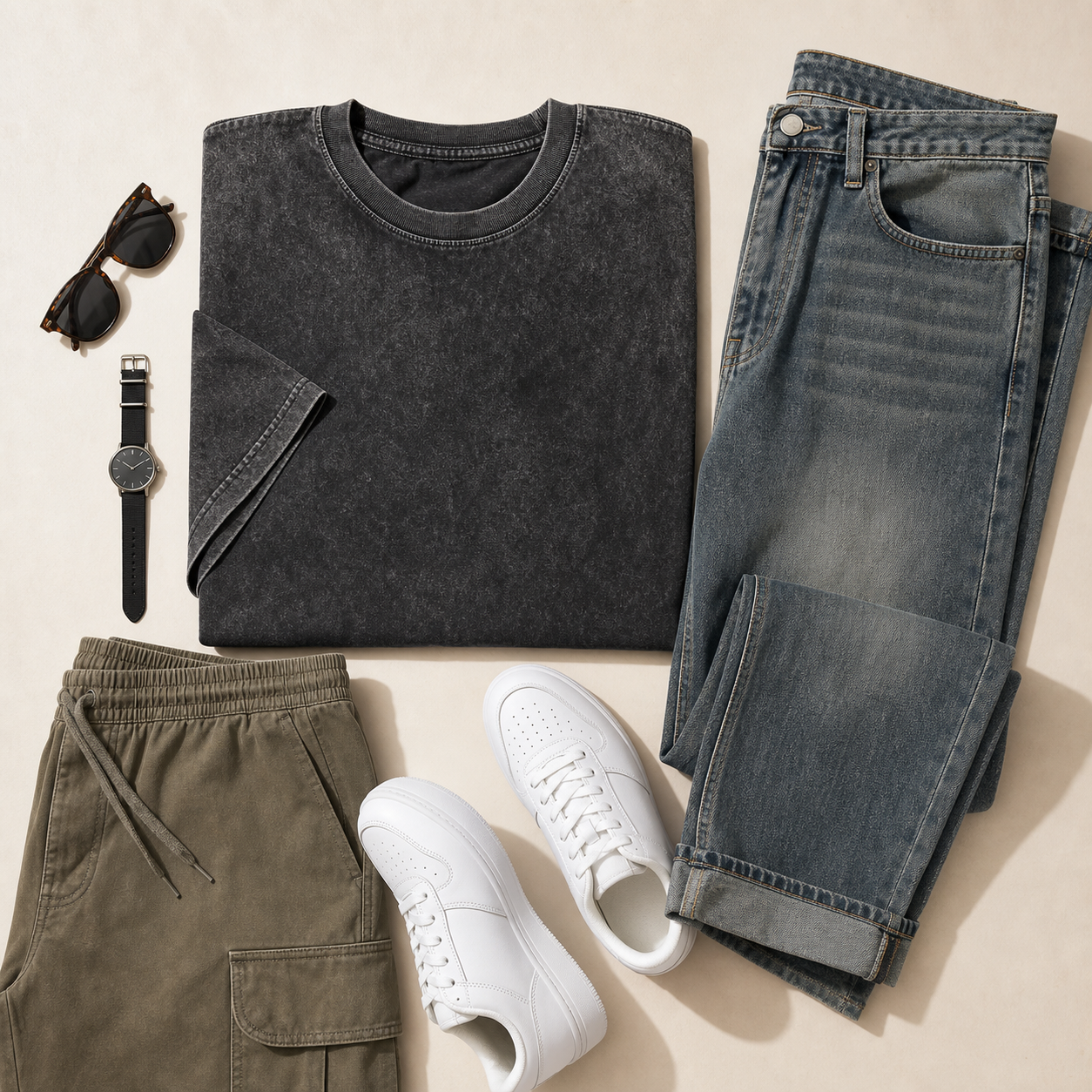 T-shirt oversize gris anthracite présenté avec un jean et un pantalon décontracté