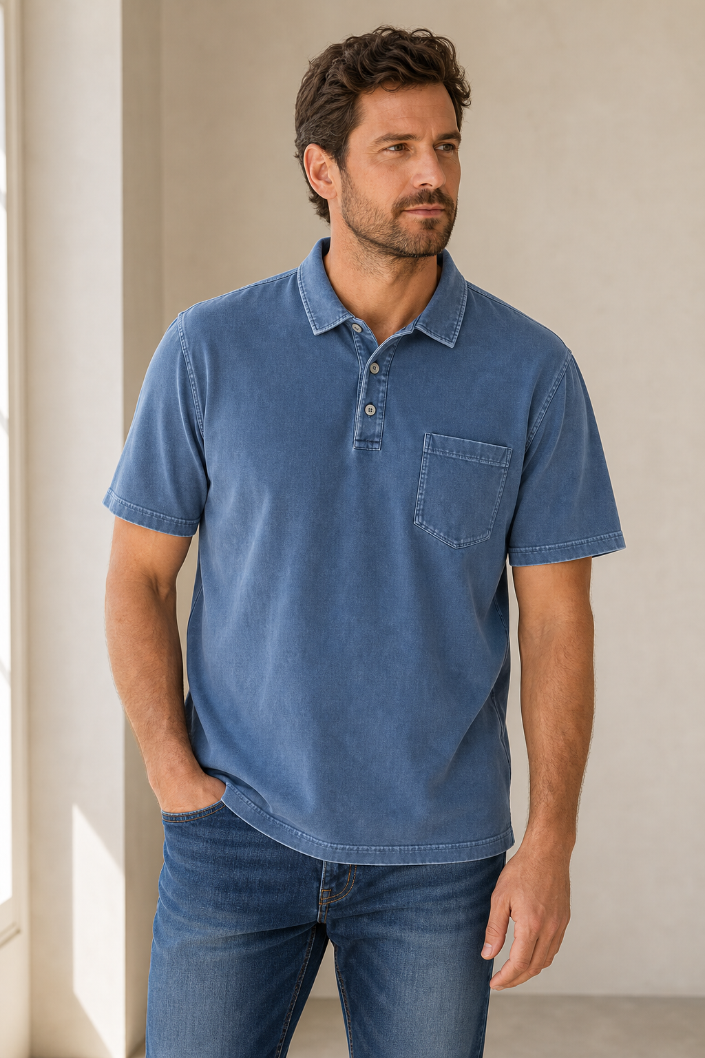 Polo homme bleu délavé porté avec un jean