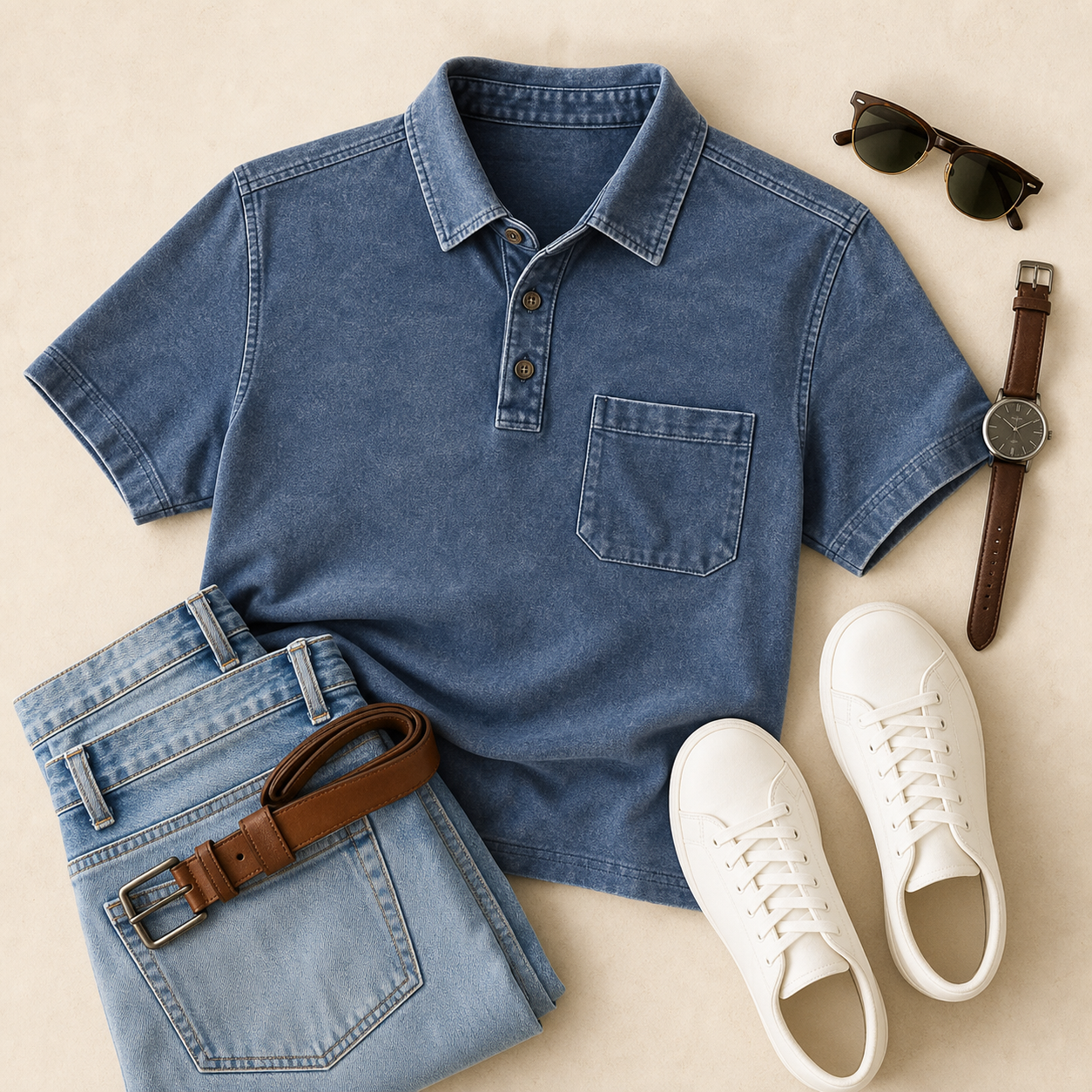 Polo homme bleu délavé présenté avec un jean et des accessoires