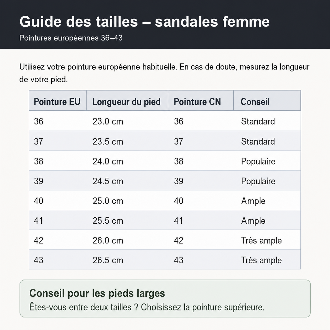 Guide des tailles des sandales femme