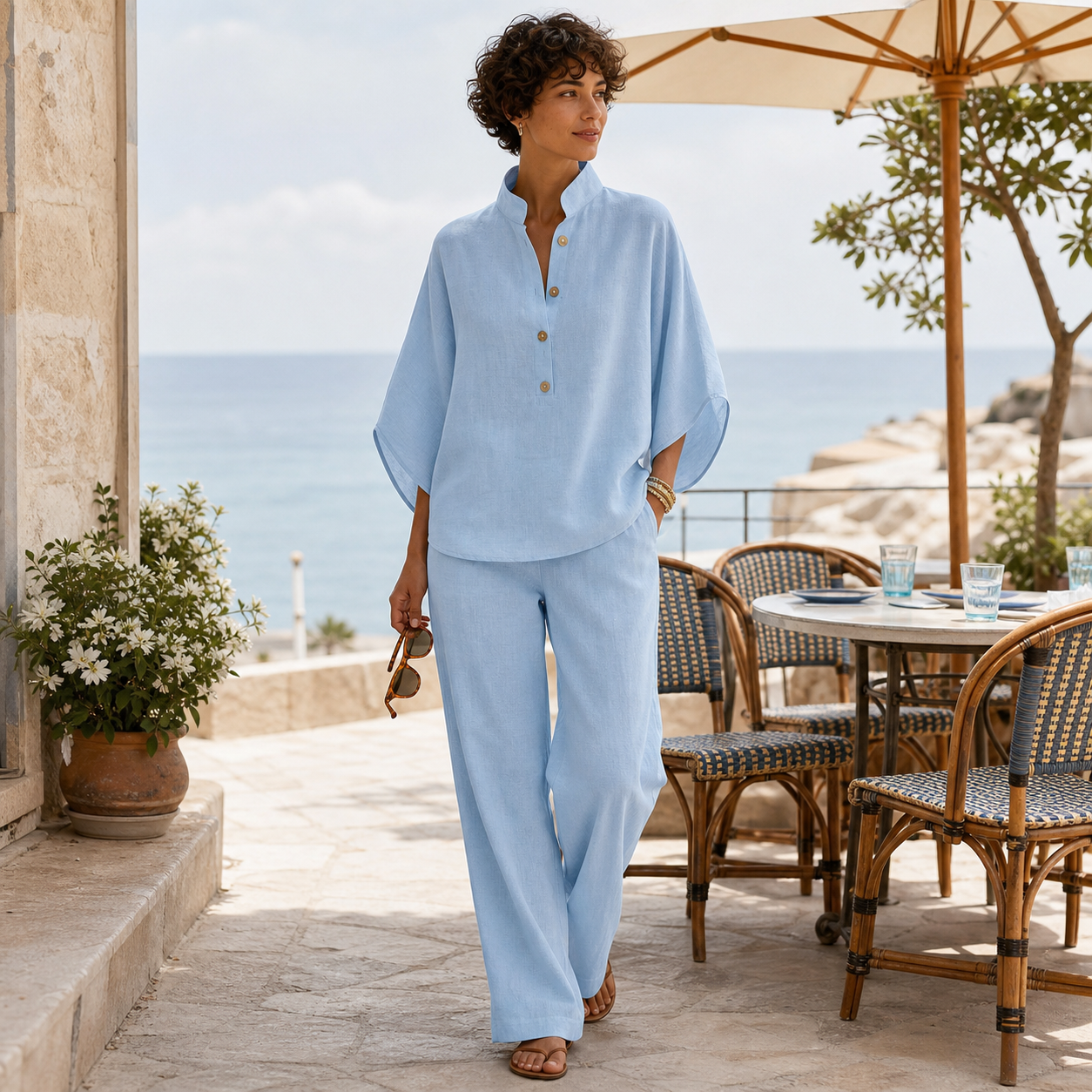 Femme portant l&rsquo;ensemble deux pi&egrave;ces bleu clair dans un caf&eacute; en bord de mer