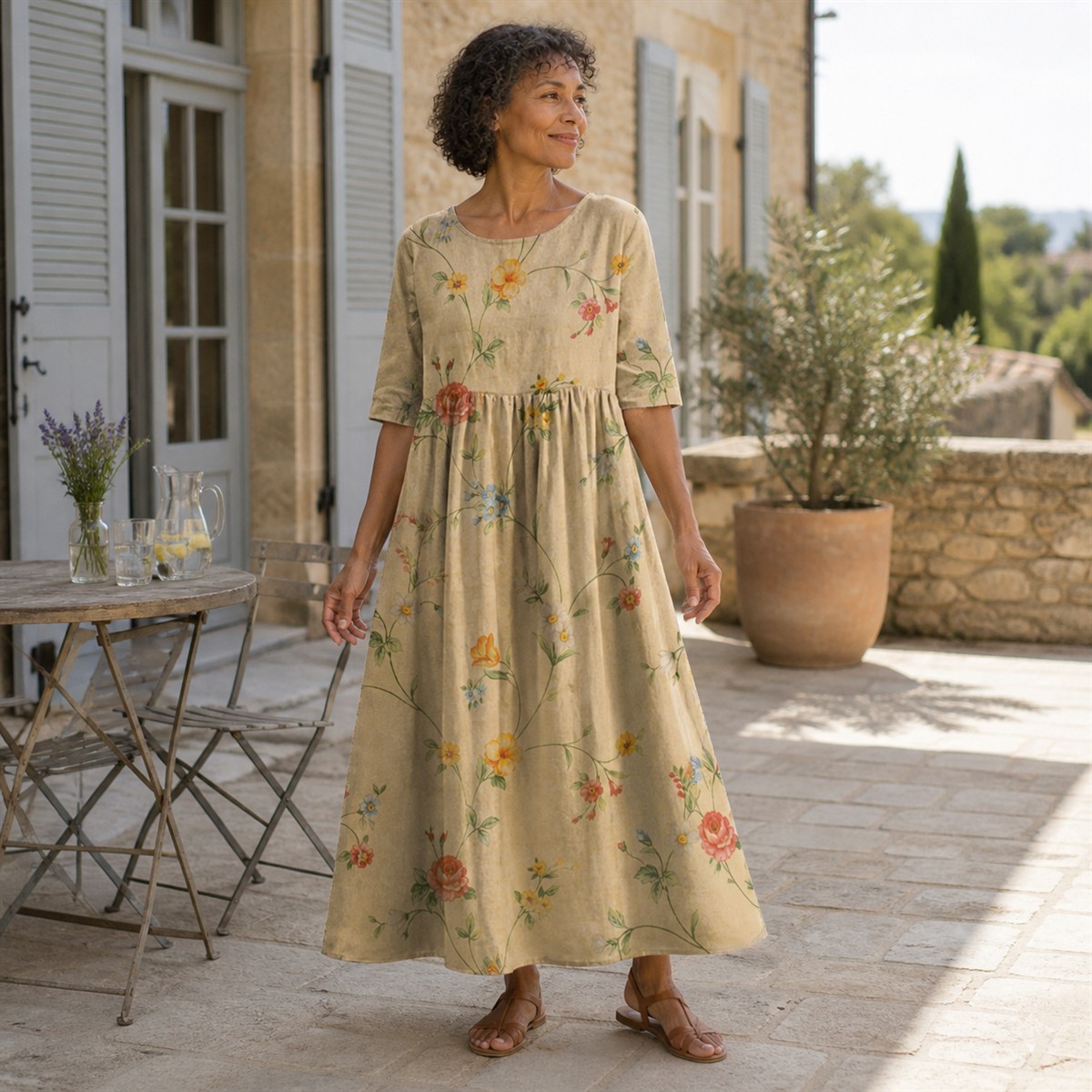 Femme portant la robe longue imprim&eacute;e dans un jardin botanique fran&ccedil;ais