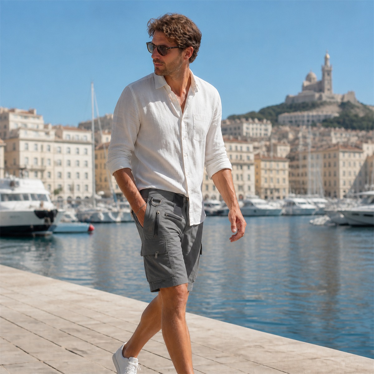 Homme portant le short cargo gris lors d&rsquo;une promenade au port