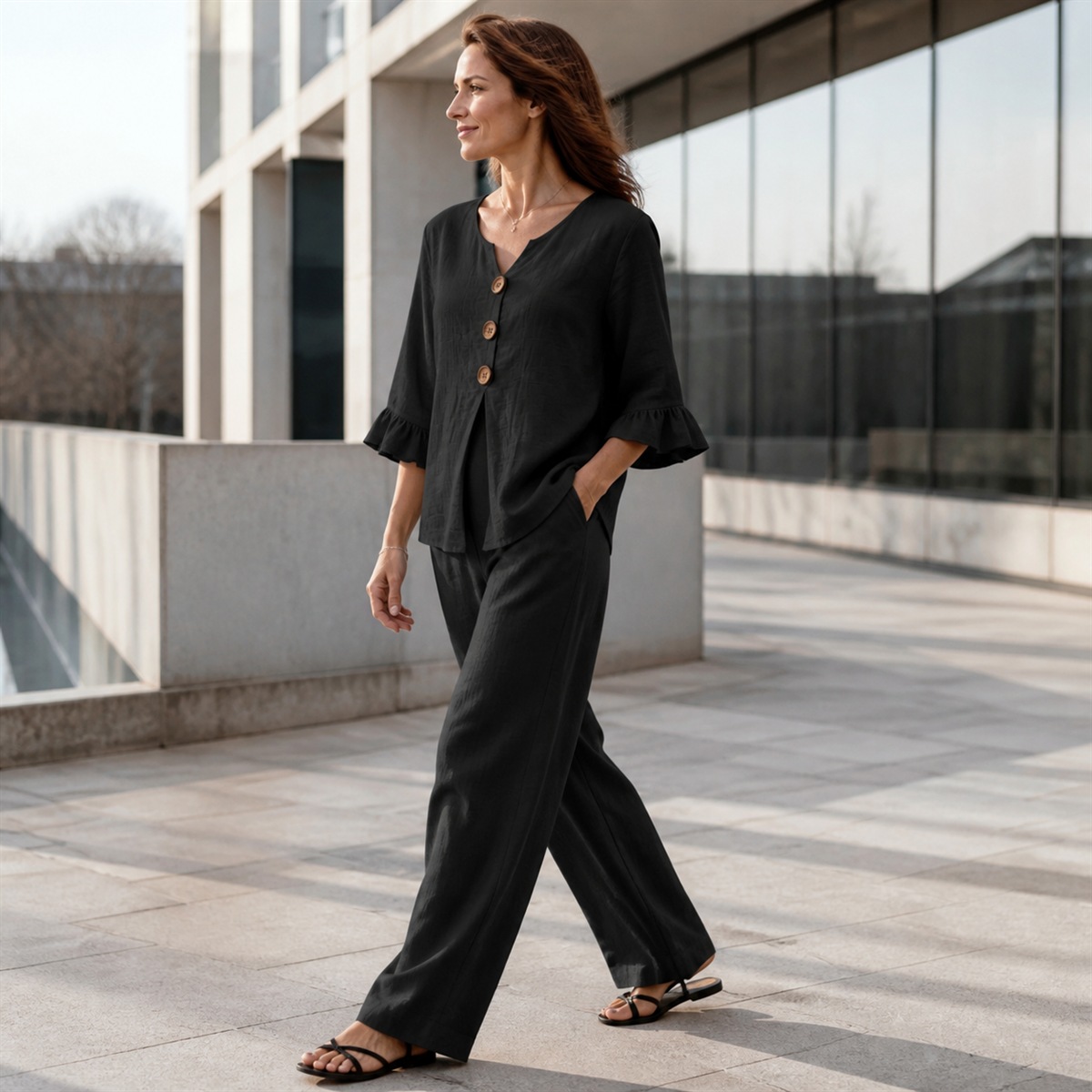 Femme portant l'ensemble noir sur une promenade architecturale à Lyon
