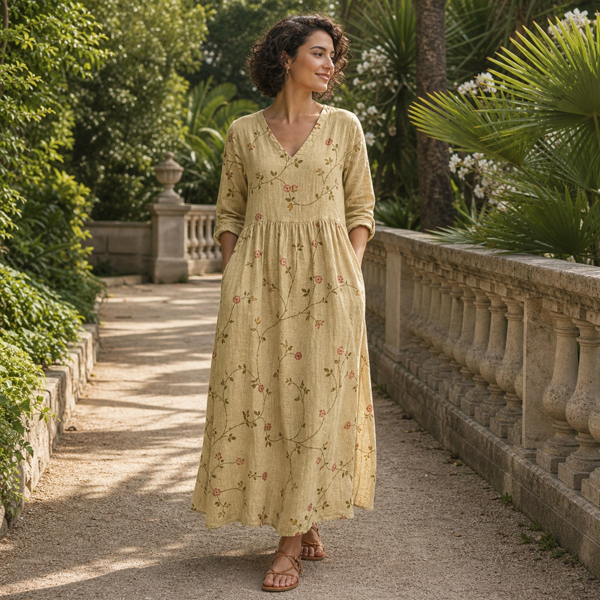 Femme portant la robe longue fleurie beige dans un jardin botanique &agrave; Nice